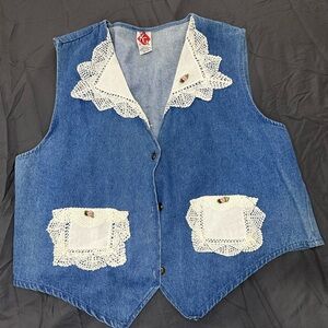 Vintage Kevin G. Sportswear Denim Vest – Lace & Crochet Trim, One Size